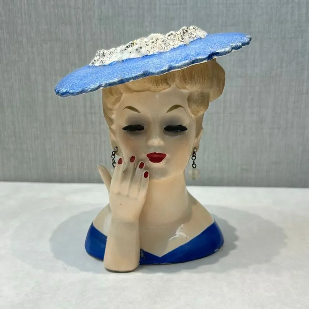 Vtg 50s Napco Glamour Girl Lady Head Vase 1958 Blue Hat Hand Up Eyelashes C3307A
